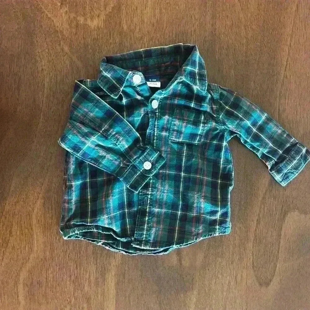 Old Navy Plaid Button Up Shirt Boys 0-3 Months Green Good Long Sleeve 0837
